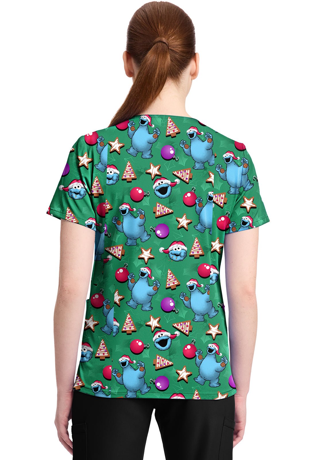 Cookie Monster Tooniforms Licensed Sesame Street Christmas V Neck Scrub Top TF796 SWZC - Scrubs Select