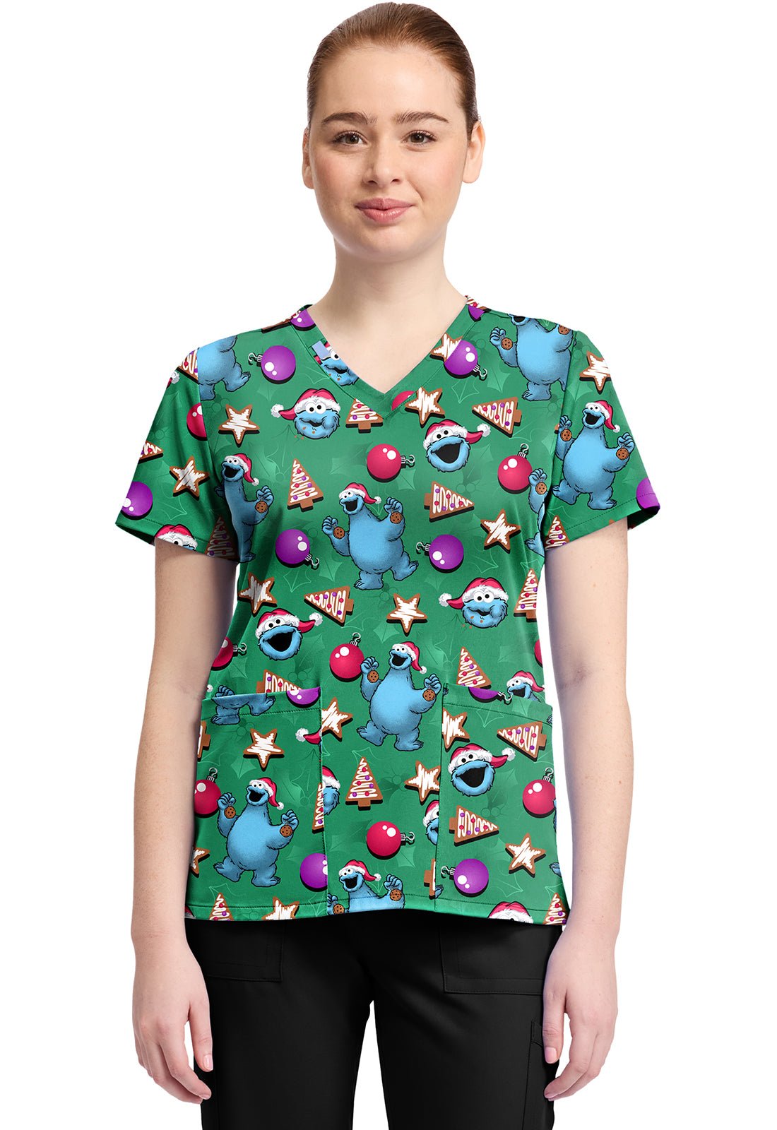 Cookie Monster Tooniforms Licensed Sesame Street Christmas V Neck Scrub Top TF796 SWZC - Scrubs Select
