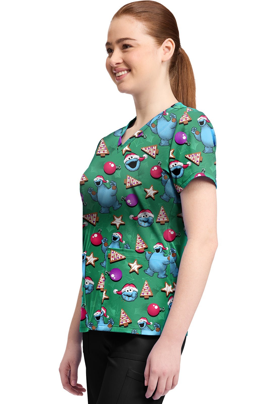 Cookie Monster Tooniforms Licensed Sesame Street Christmas V Neck Scrub Top TF796 SWZC - Scrubs Select