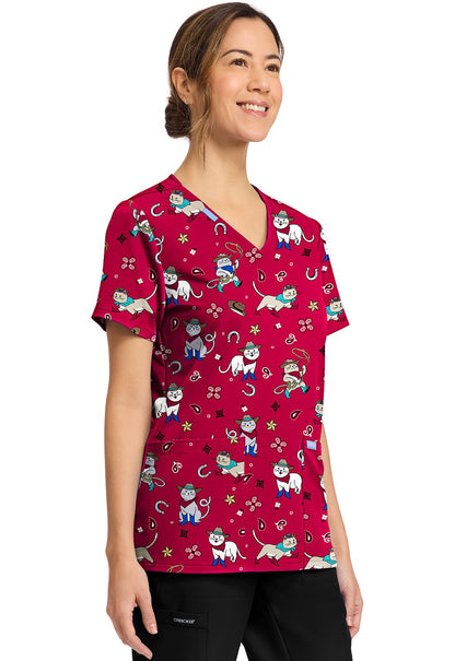 Cowgirl Kitty Cherokee Scrubs Cat Print V Neck Top CK856 CGKT - Scrubs Select