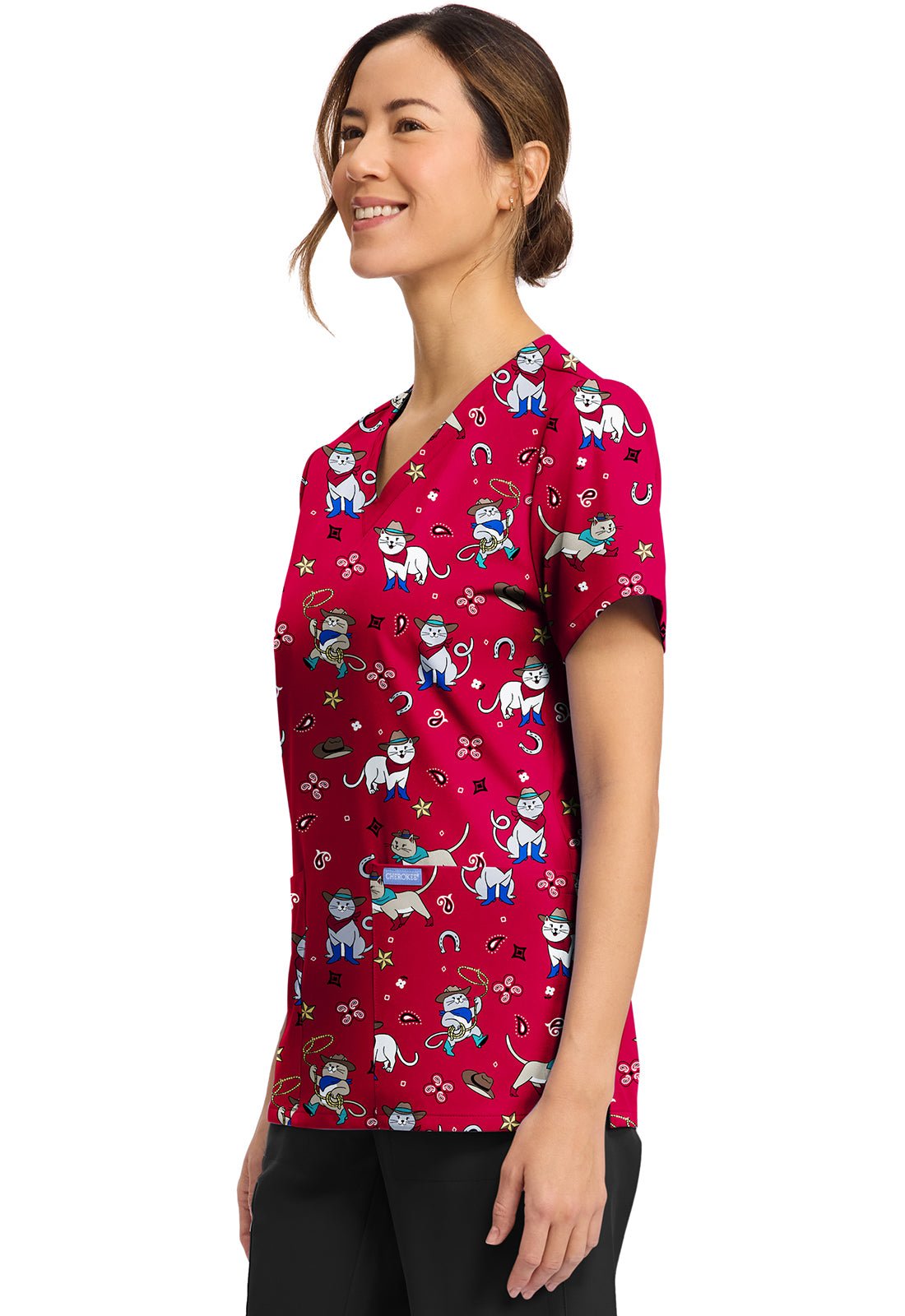 Cowgirl Kitty Cherokee Scrubs Cat Print V Neck Top CK856 CGKT - Scrubs Select