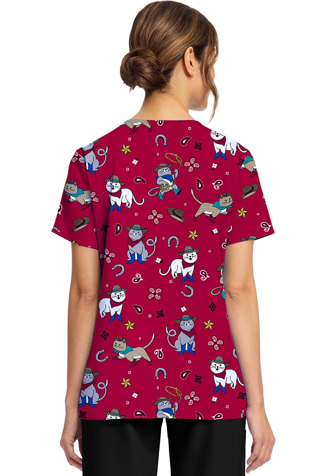 Cowgirl Kitty Cherokee Scrubs Cat Print V Neck Top CK856 CGKT - Scrubs Select