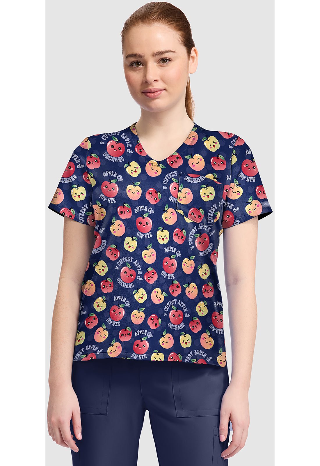 Cutest Apple Cherokee Print V Neck Scrub Top CK857 CTAP - Scrubs Select