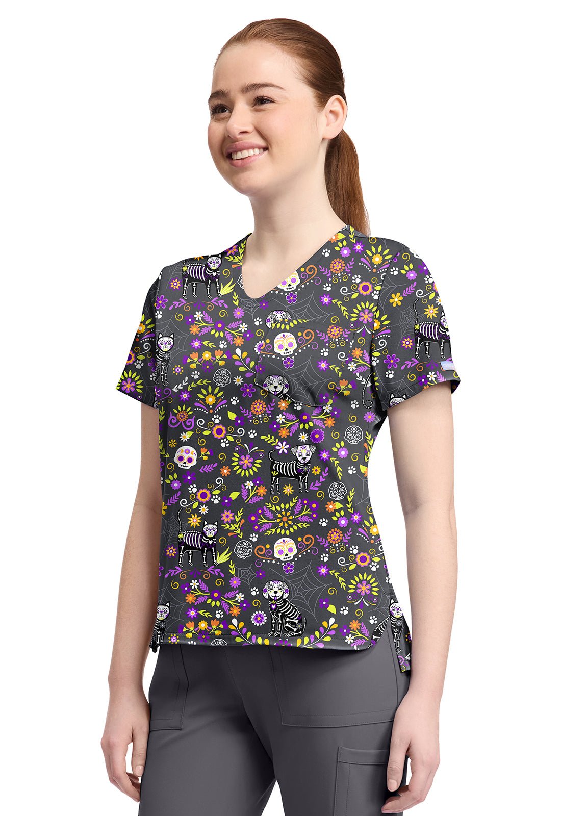 Day Of The Pets Cherokee Cat Print V Neck Scrub Top CK857 DYTP - Scrubs Select
