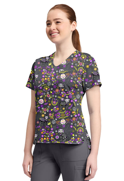 Day Of The Pets Cherokee Cat Print V Neck Scrub Top CK857 DYTP - Scrubs Select