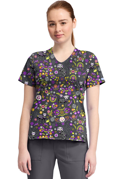 Day Of The Pets Cherokee Cat Print V Neck Scrub Top CK857 DYTP - Scrubs Select