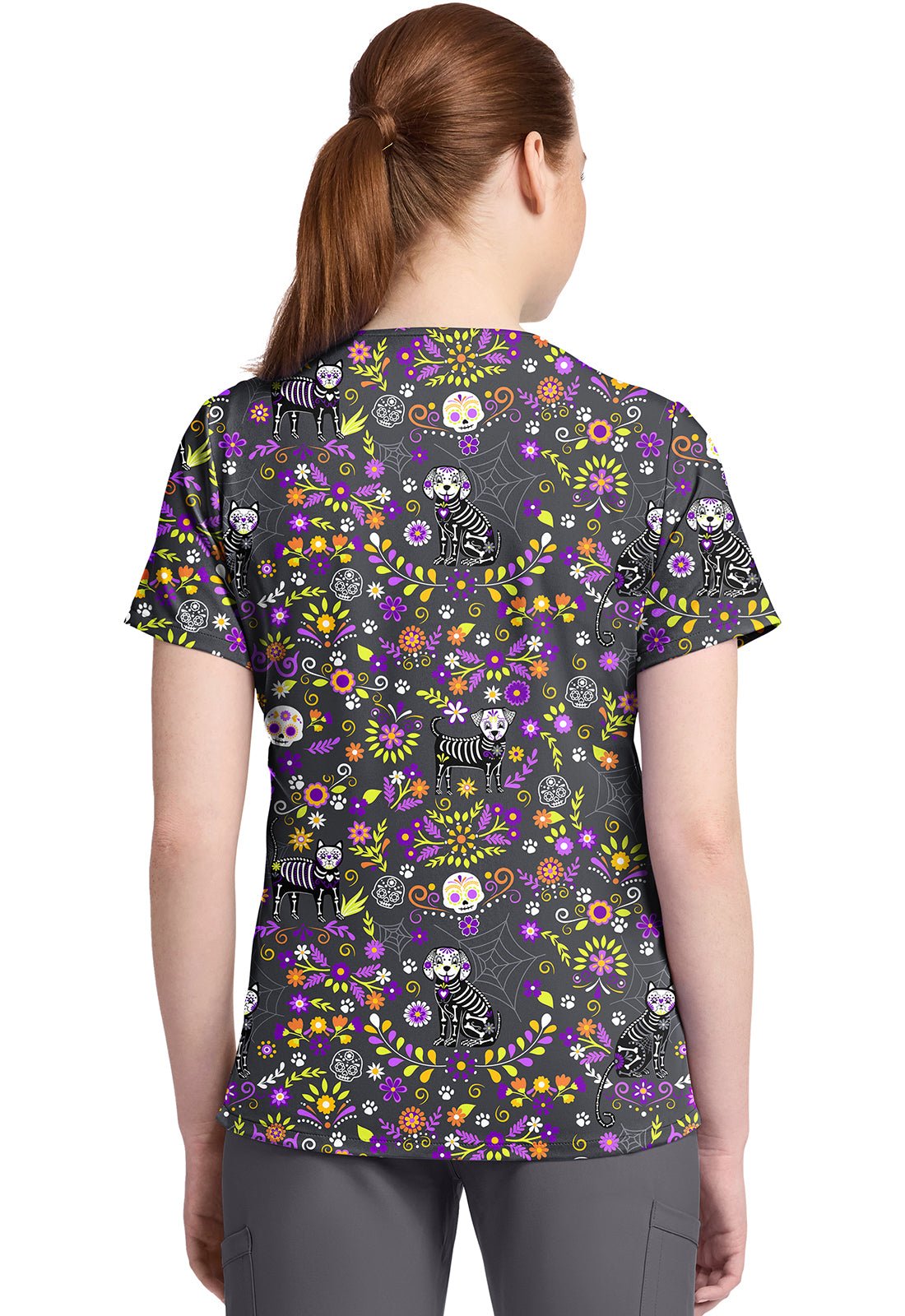 Day Of The Pets Cherokee Cat Print V Neck Scrub Top CK857 DYTP - Scrubs Select