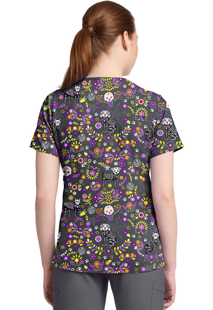 Day Of The Pets Cherokee Cat Print V Neck Scrub Top CK857 DYTP - Scrubs Select