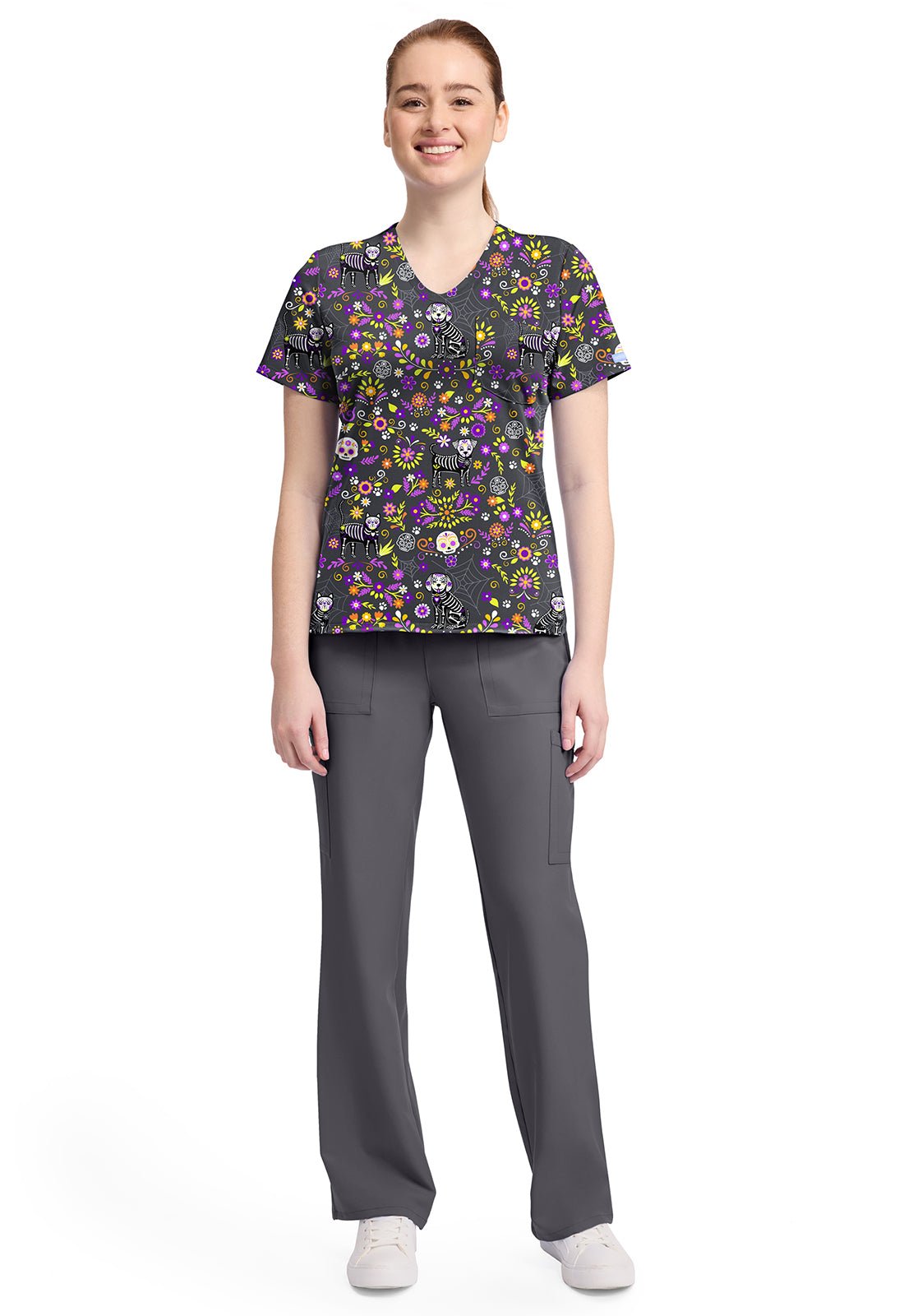 Day Of The Pets Cherokee Cat Print V Neck Scrub Top CK857 DYTP - Scrubs Select