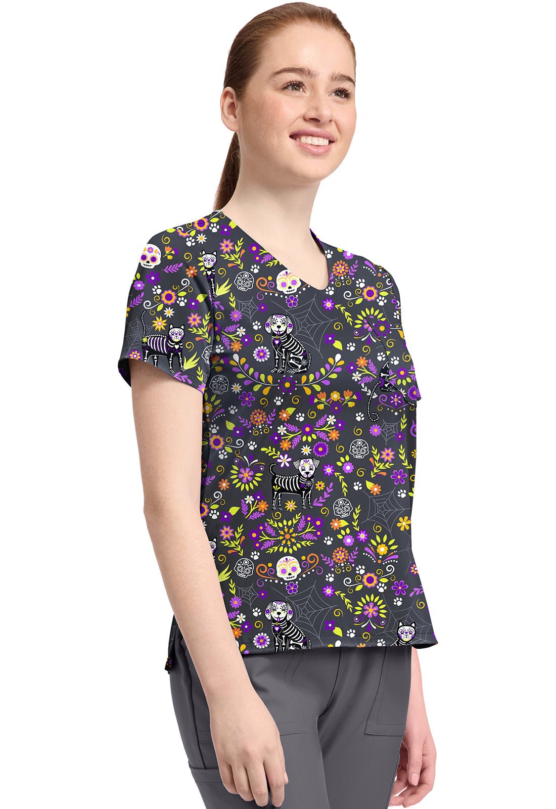 Day Of The Pets Cherokee Cat Print V Neck Scrub Top CK857 DYTP - Scrubs Select