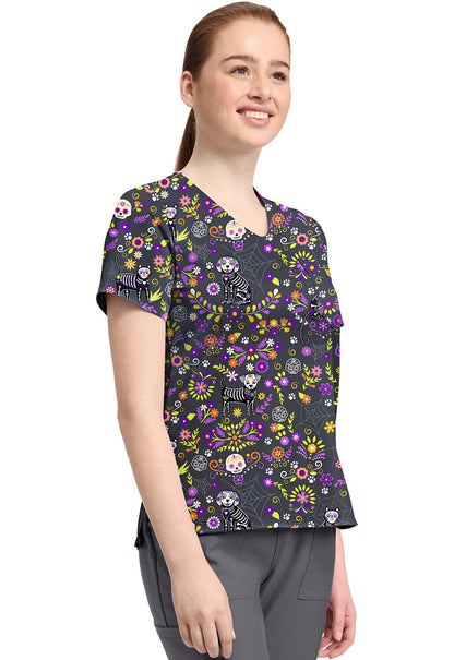 Day Of The Pets Cherokee Cat Print V Neck Scrub Top CK857 DYTP - Scrubs Select