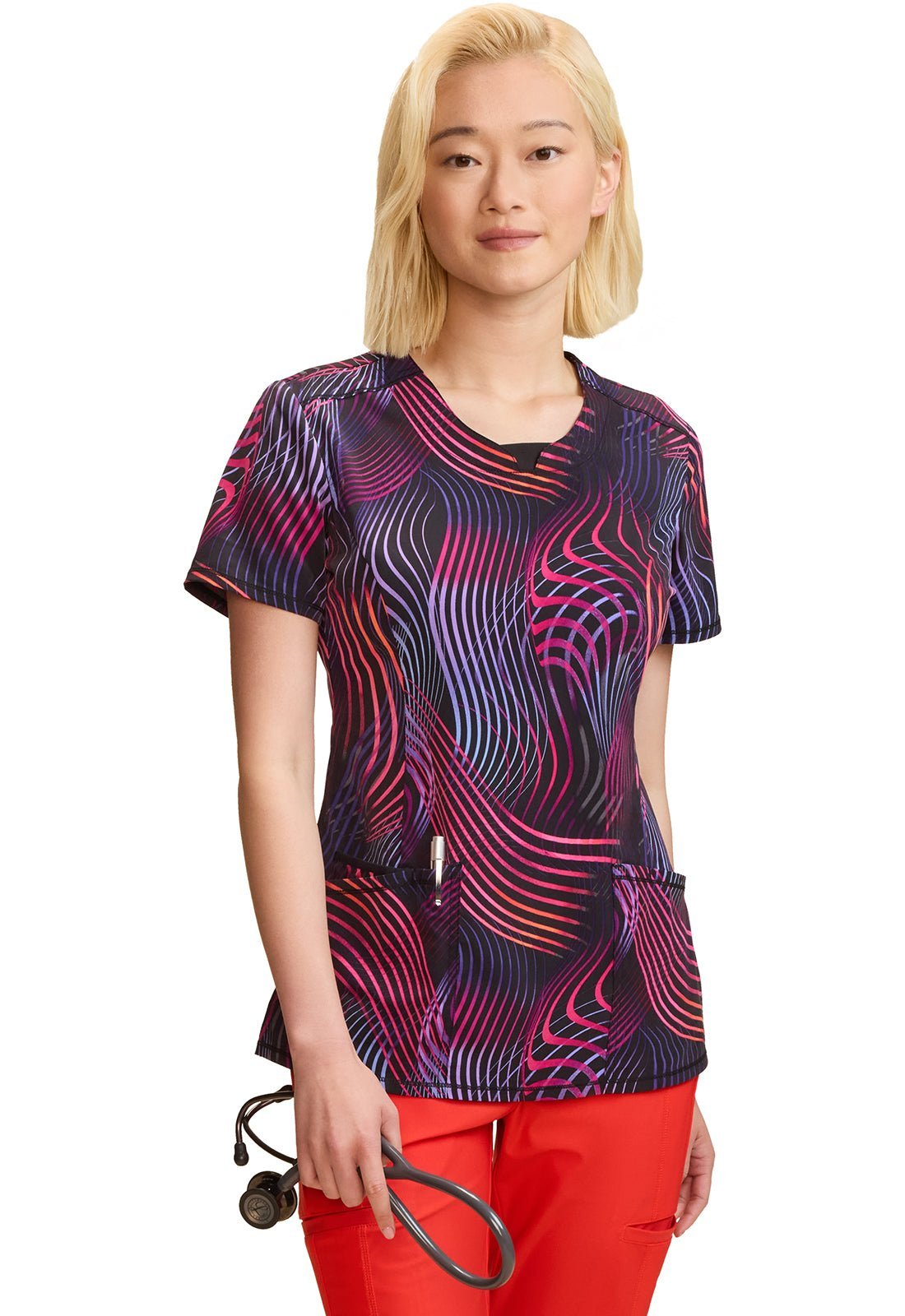 Digital Wavelength Cherokee Infinity Print Round Neck Scrub Top CK609 DTWG - Scrubs Select
