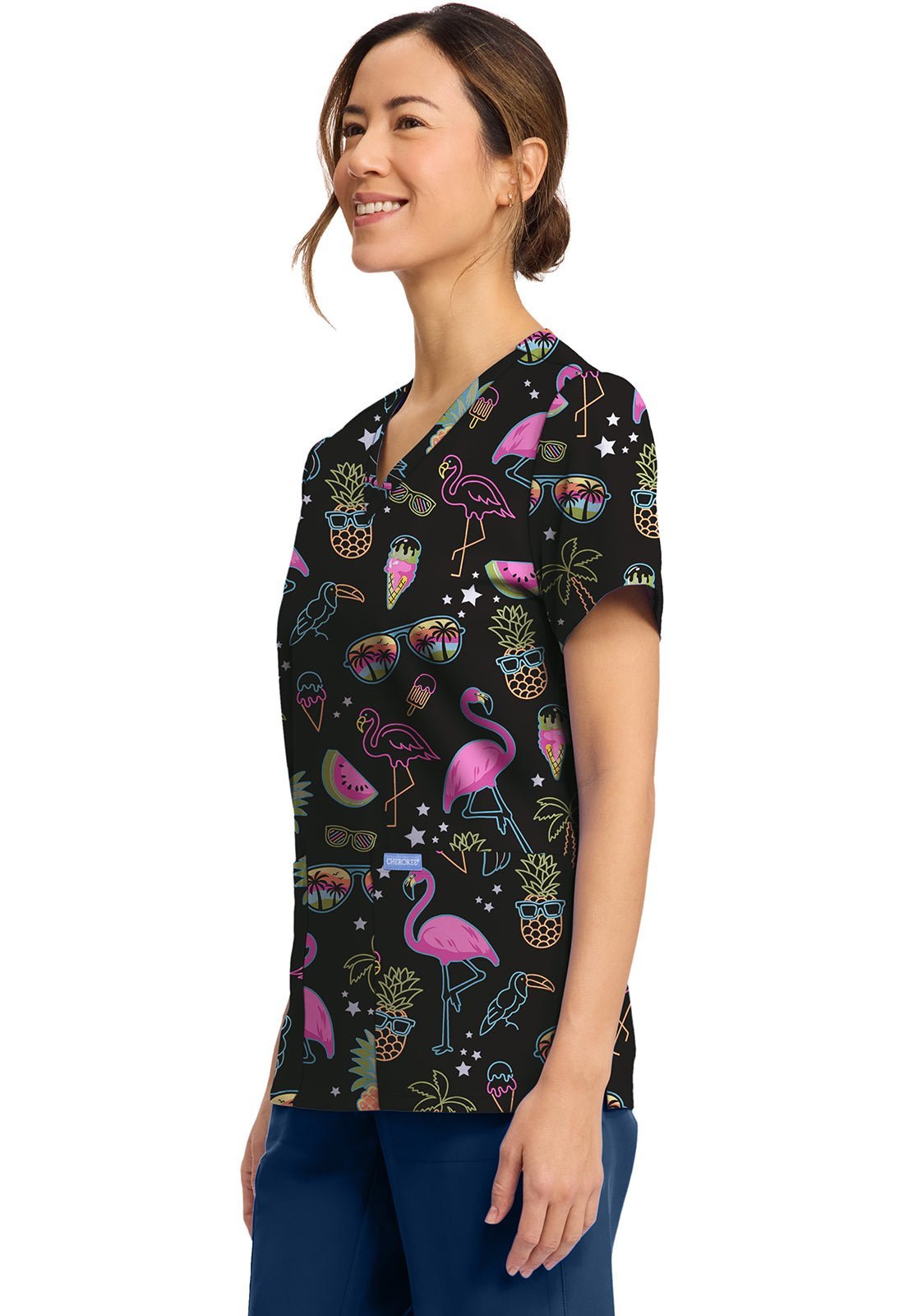 Downtown Tropical Cherokee Print V Neck Scrub Top CK856 DWTL - Scrubs Select