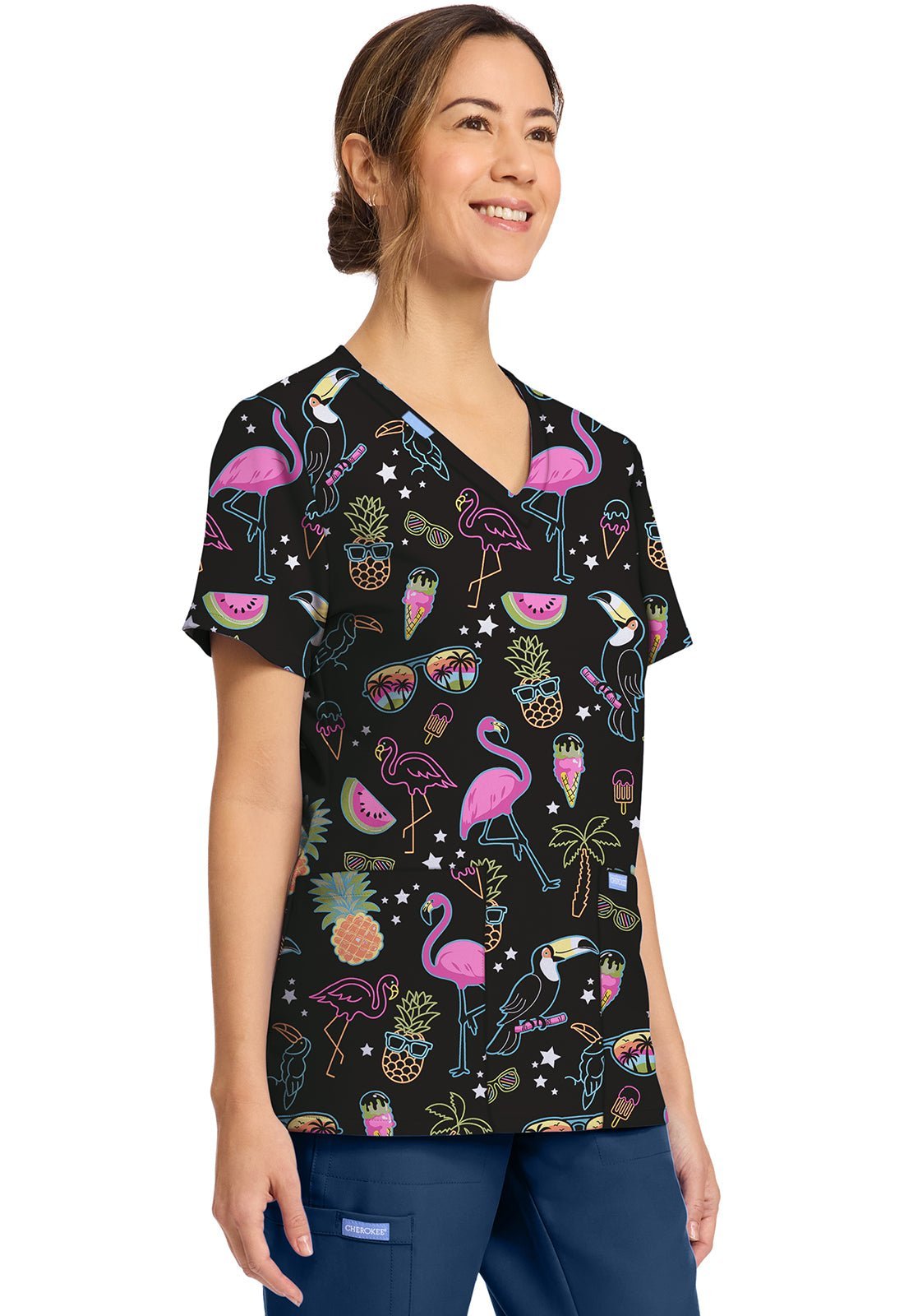 Downtown Tropical Cherokee Print V Neck Scrub Top CK856 DWTL - Scrubs Select