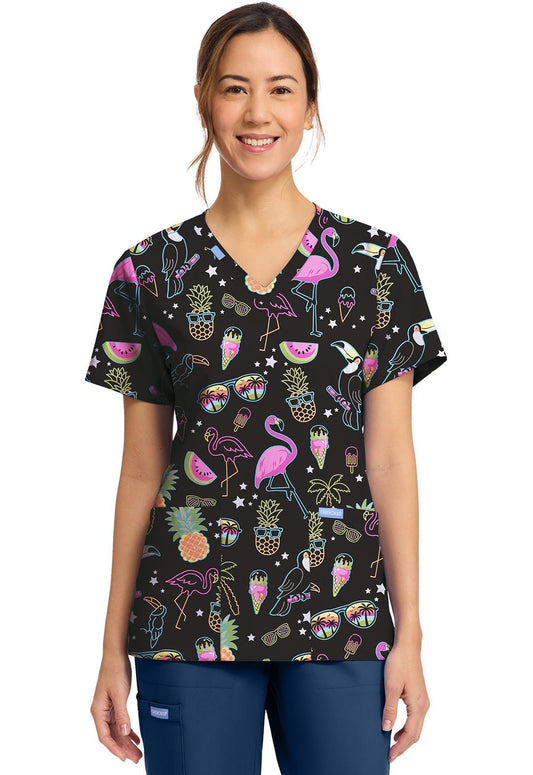 Downtown Tropical Cherokee Print V Neck Scrub Top CK856 DWTL - Scrubs Select