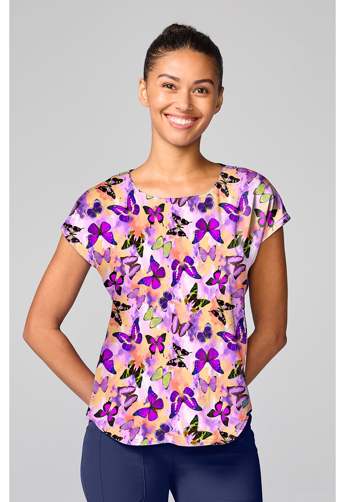 Dreamy Butterfly Med Couture Print V Neck Scrub Top MC00041 DRPT - Scrubs Select