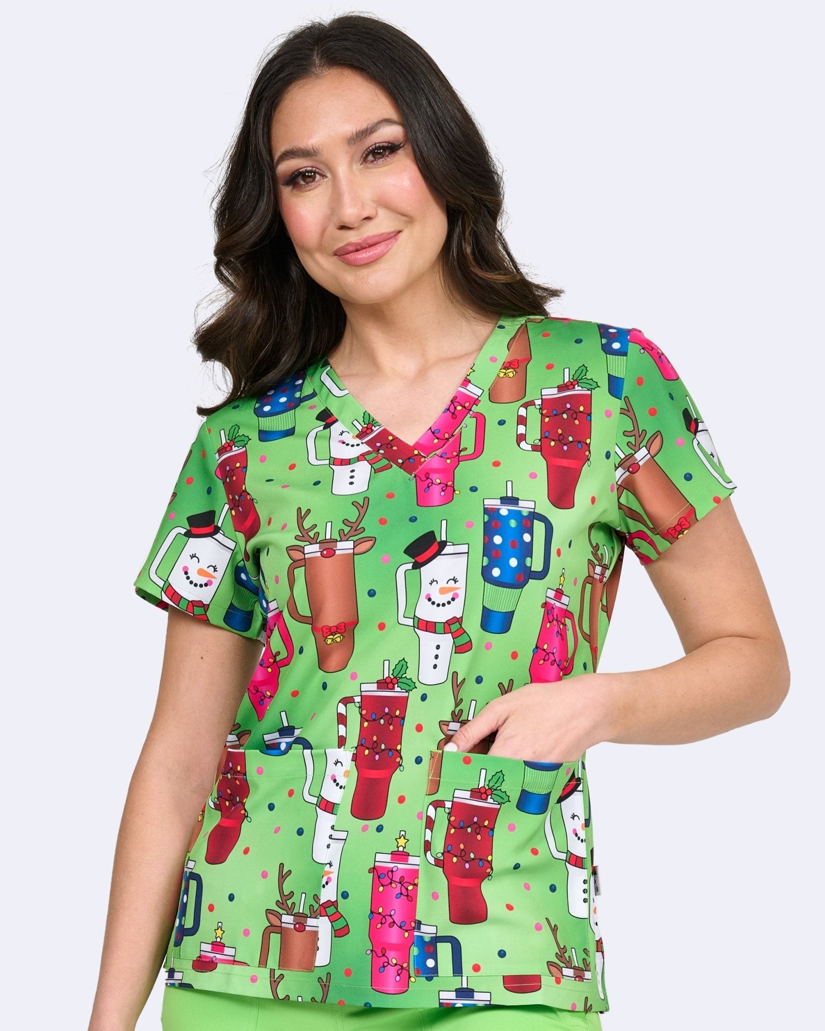 Drink Up Zavate Christmas Print Scrubs V Neck Top 1054 DRUP - Scrubs Select