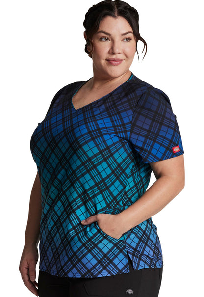 Fading Plaid Dickies EDS Print V Neck Scrub Top DK853 FGPL - Scrubs Select
