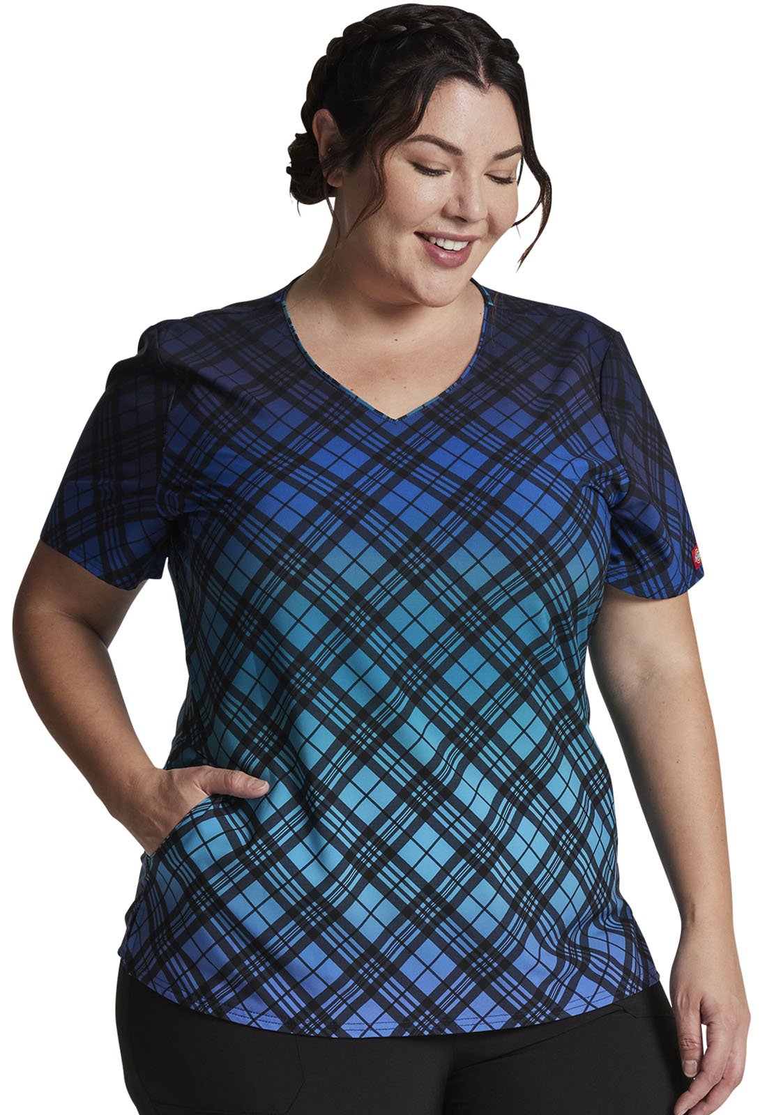 Fading Plaid Dickies EDS Print V Neck Scrub Top DK853 FGPL - Scrubs Select