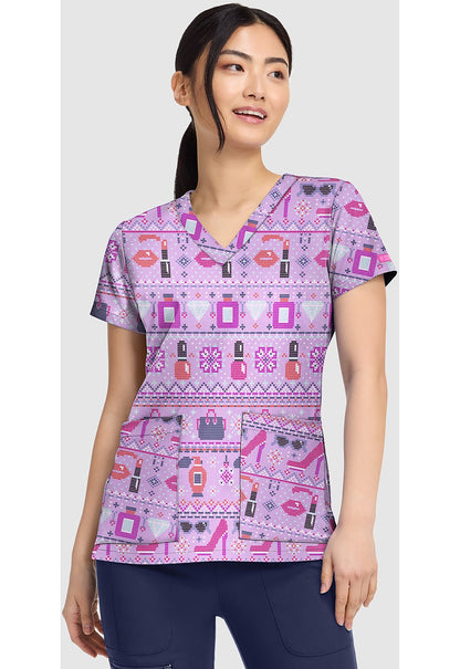 Fashion Fair Isle Med Couture Print V Neck Scrub Top MC8564 FHFI - Scrubs Select