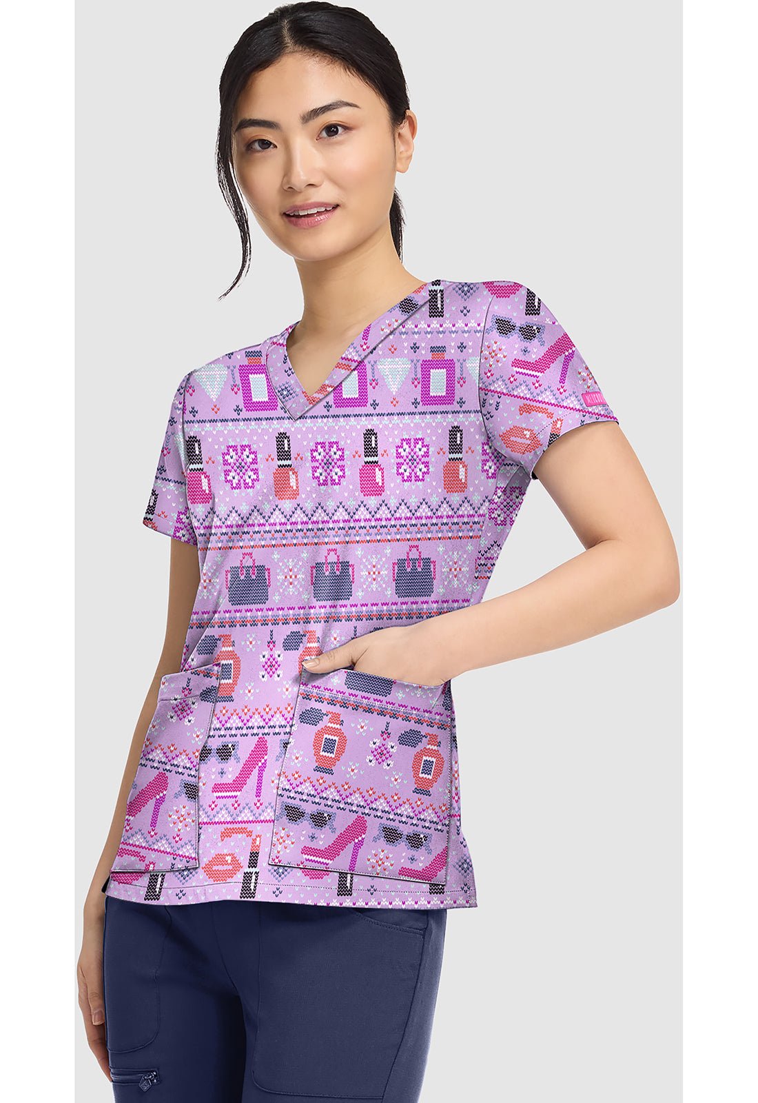 Fashion Fair Isle Med Couture Print V Neck Scrub Top MC8564 FHFI - Scrubs Select
