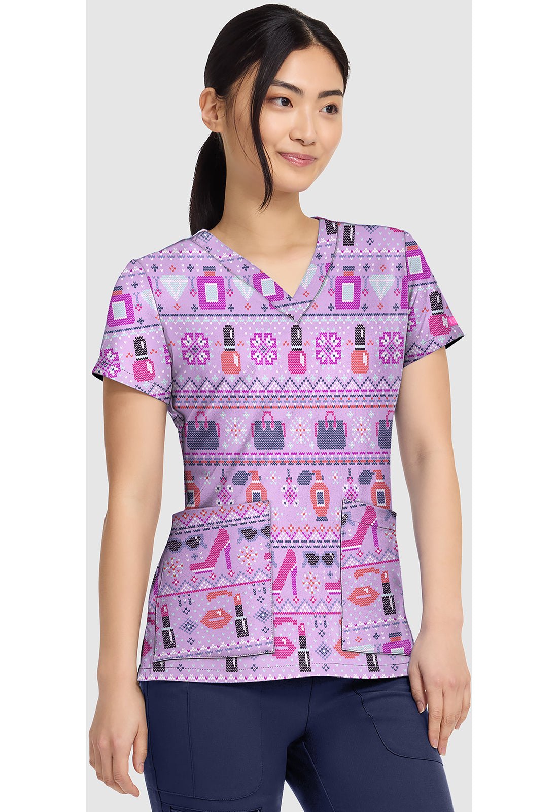 Fashion Fair Isle Med Couture Print V Neck Scrub Top MC8564 FHFI - Scrubs Select