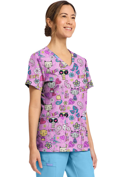 Feline Female Cherokee Scrubs Cat Print V Neck Top CK856 FIFM - Scrubs Select