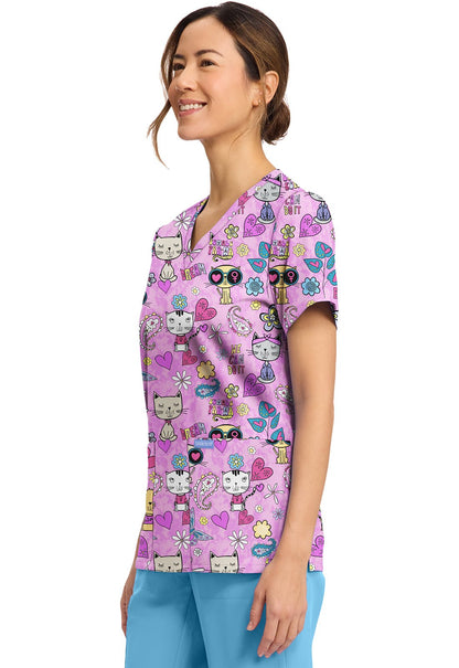 Feline Female Cherokee Scrubs Cat Print V Neck Top CK856 FIFM - Scrubs Select