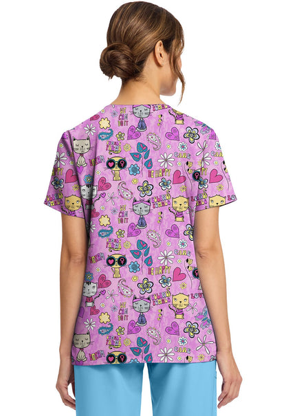 Feline Female Cherokee Scrubs Cat Print V Neck Top CK856 FIFM - Scrubs Select