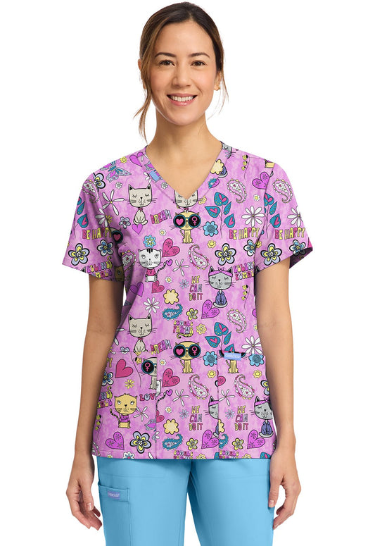 Feline Female Cherokee Scrubs Cat Print V Neck Top CK856 FIFM - Scrubs Select