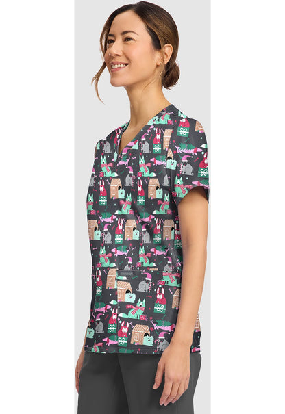 Feliz Naughty Dogs Cherokee Scrubs Print Christmas V Neck Top CK856 FZND - Scrubs Select