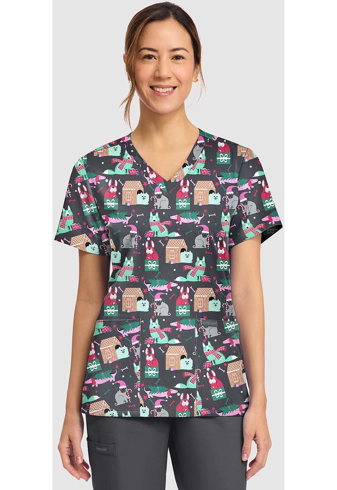 Feliz Naughty Dogs Cherokee Scrubs Print Christmas V Neck Top CK856 FZND - Scrubs Select
