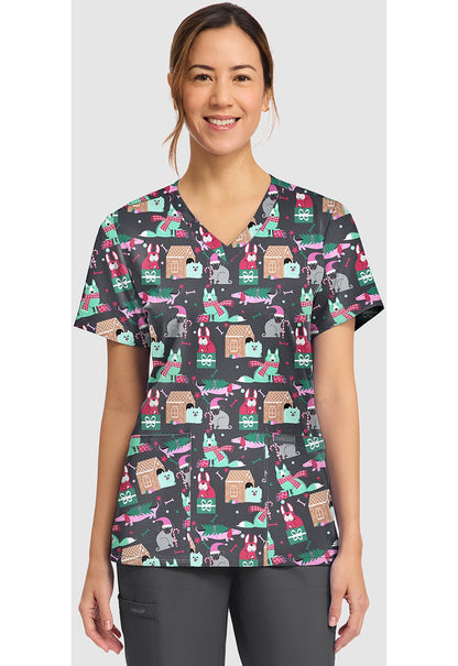 Feliz Naughty Dogs Cherokee Scrubs Print Christmas V Neck Top CK856 FZND - Scrubs Select