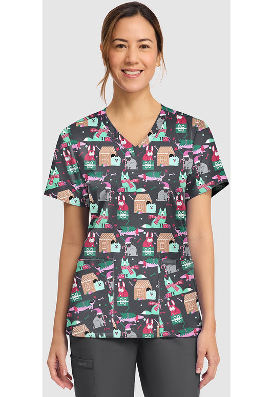 Feliz Naughty Dogs Cherokee Scrubs Print Christmas V Neck Top CK856 FZND - Scrubs Select