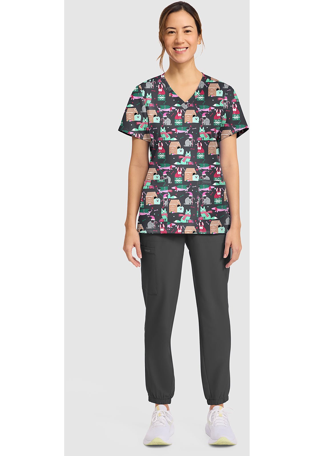Feliz Naughty Dogs Cherokee Scrubs Print Christmas V Neck Top CK856 FZND - Scrubs Select