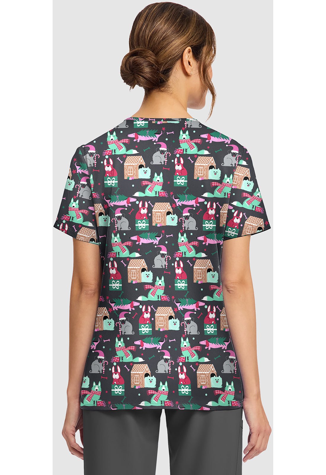 Feliz Naughty Dogs Cherokee Scrubs Print Christmas V Neck Top CK856 FZND - Scrubs Select