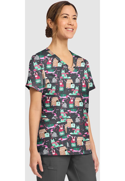 Feliz Naughty Dogs Cherokee Scrubs Print Christmas V Neck Top CK856 FZND - Scrubs Select