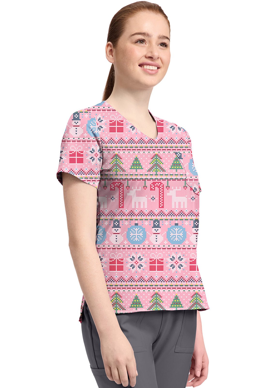 Festive Fair Isle Cherokee Christmas Print V Neck Scrub Top CK857 FSFI - Scrubs Select