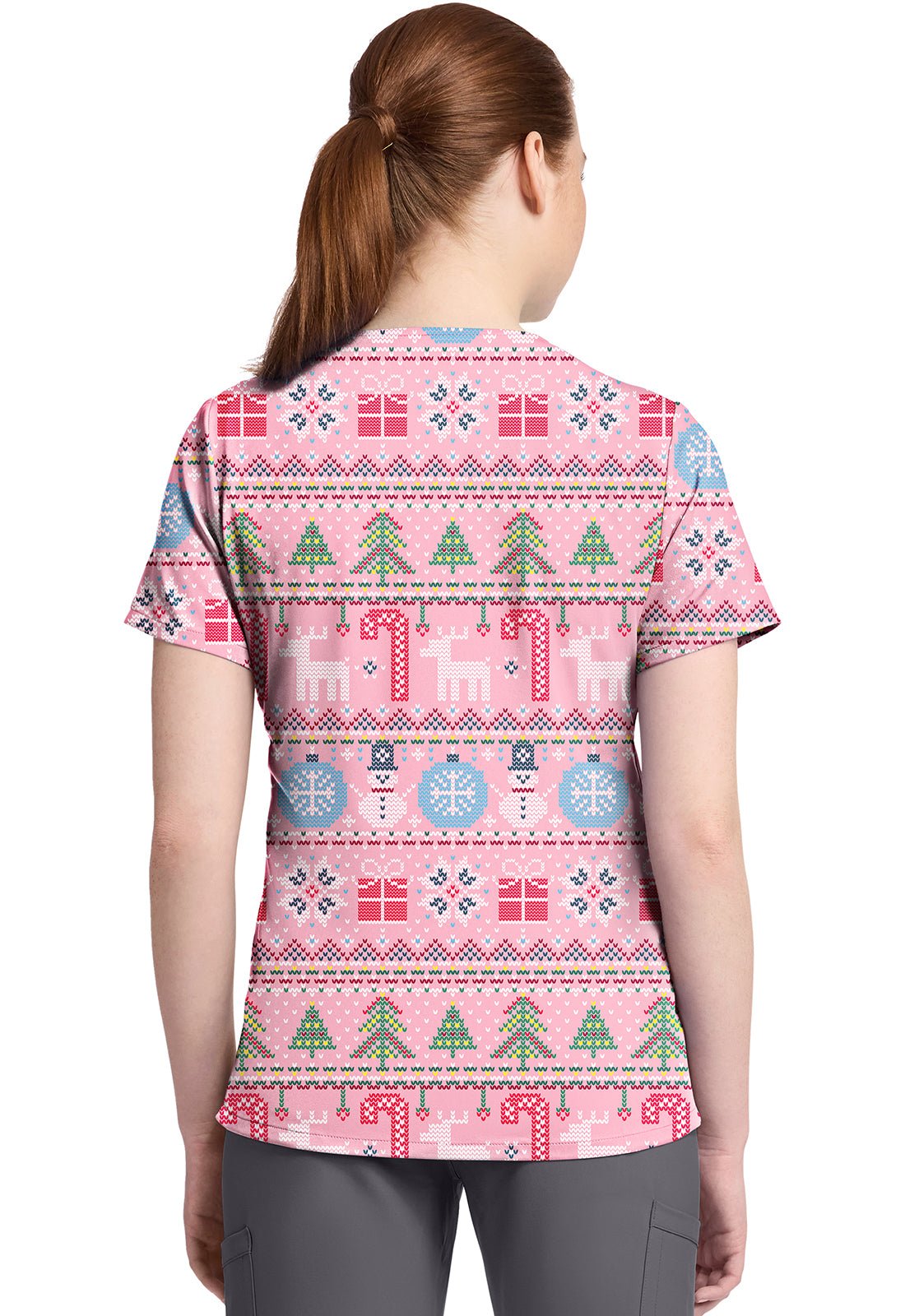 Festive Fair Isle Cherokee Christmas Print V Neck Scrub Top CK857 FSFI - Scrubs Select