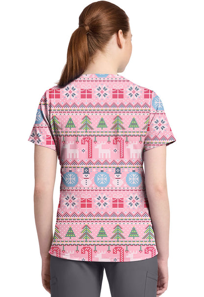 Festive Fair Isle Cherokee Christmas Print V Neck Scrub Top CK857 FSFI - Scrubs Select