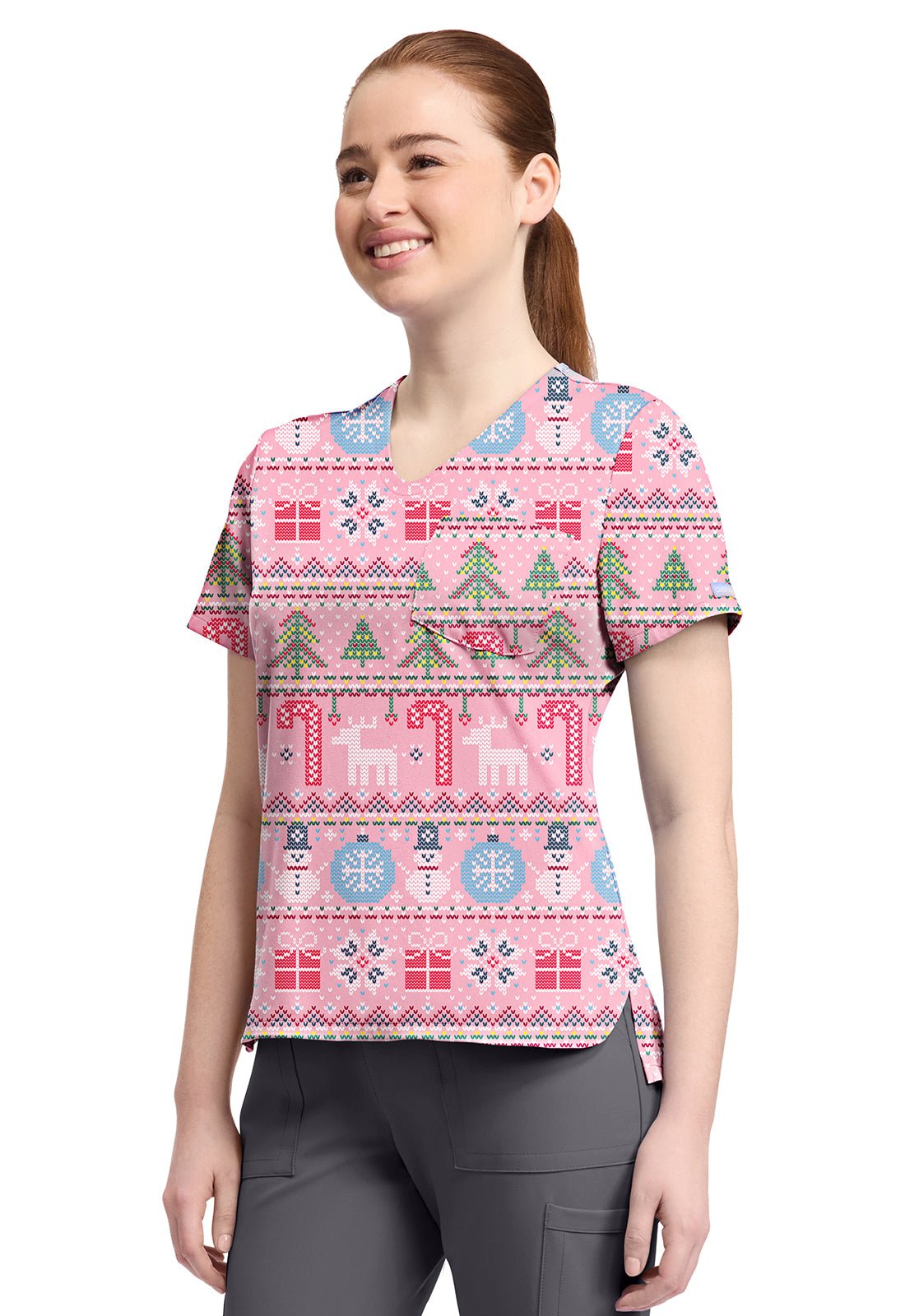 Festive Fair Isle Cherokee Christmas Print V Neck Scrub Top CK857 FSFI - Scrubs Select