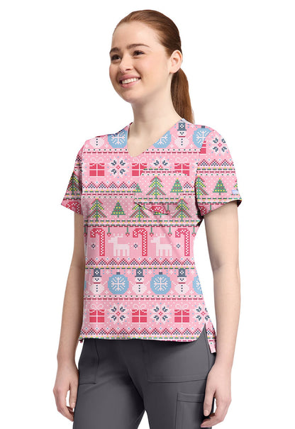 Festive Fair Isle Cherokee Christmas Print V Neck Scrub Top CK857 FSFI - Scrubs Select