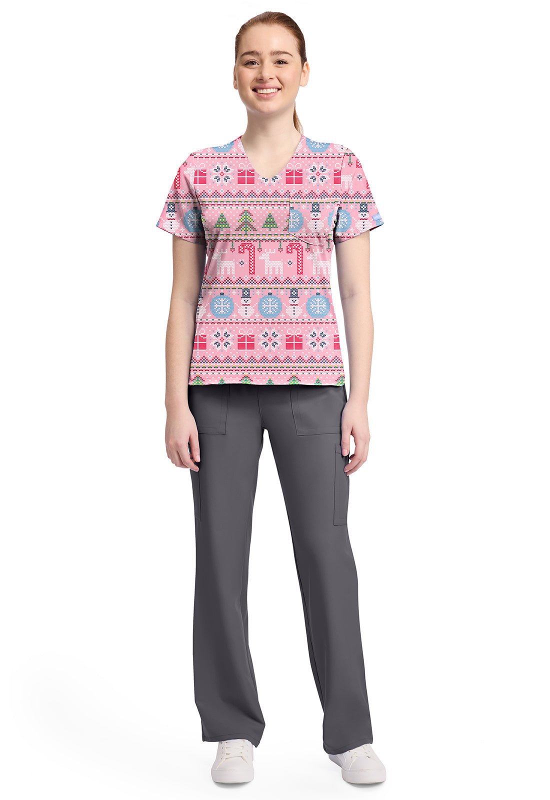 Festive Fair Isle Cherokee Christmas Print V Neck Scrub Top CK857 FSFI - Scrubs Select