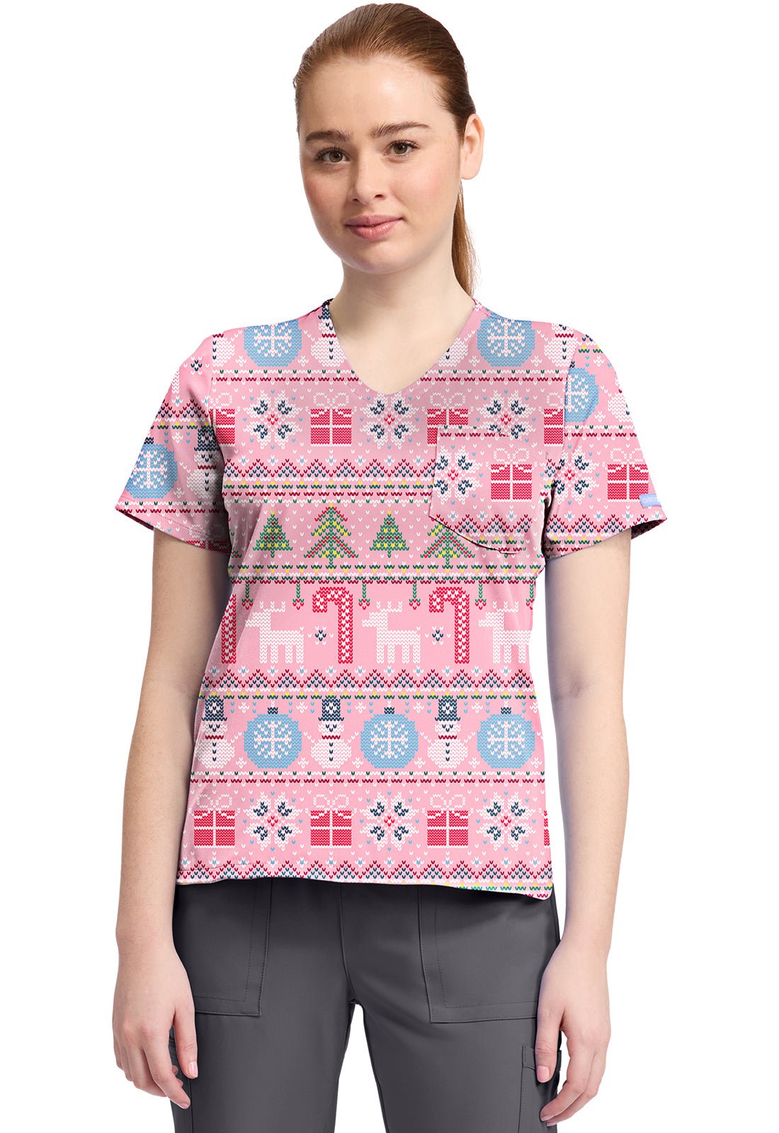 Festive Fair Isle Cherokee Christmas Print V Neck Scrub Top CK857 FSFI - Scrubs Select