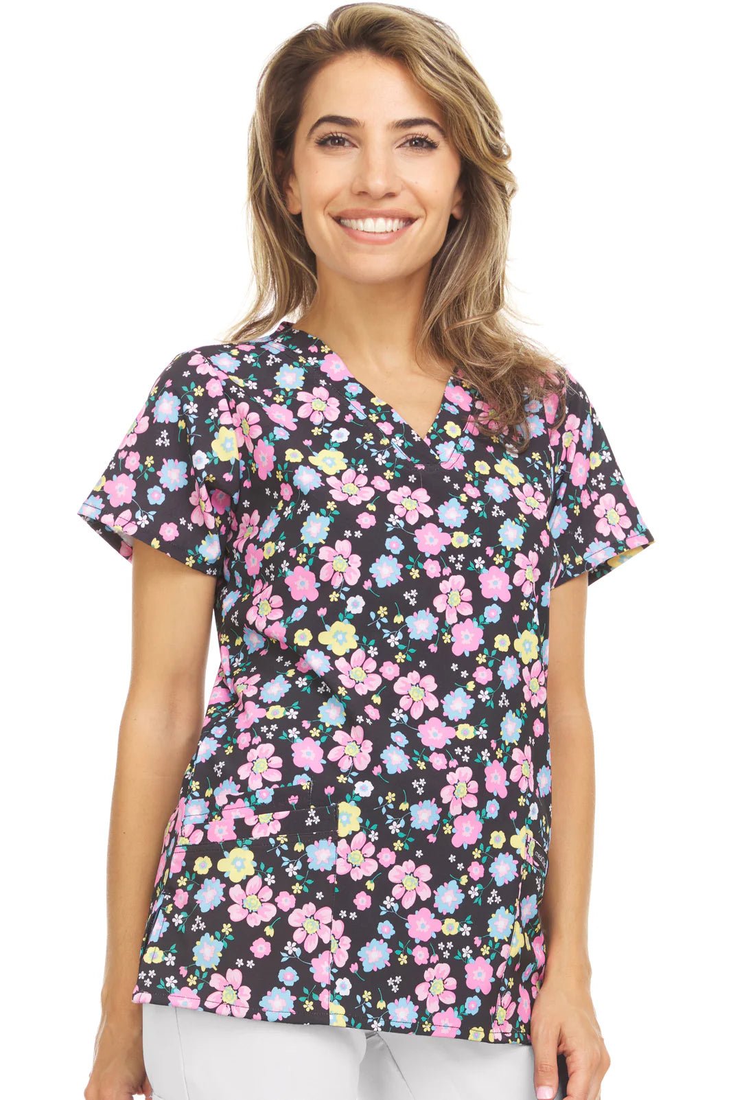 Floral Black Medichic Print V Neck Scrub Top MC4512 - 40 - Scrubs Select