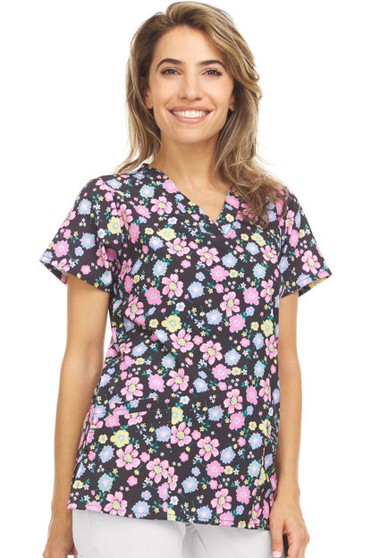 Floral Black Medichic Print V Neck Scrub Top MC4512 - 40 - Scrubs Select