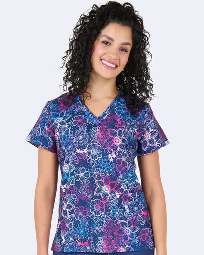 Floral Blues Zavate Scrubs Print V Neck Top 1054 FRBU - Scrubs Select