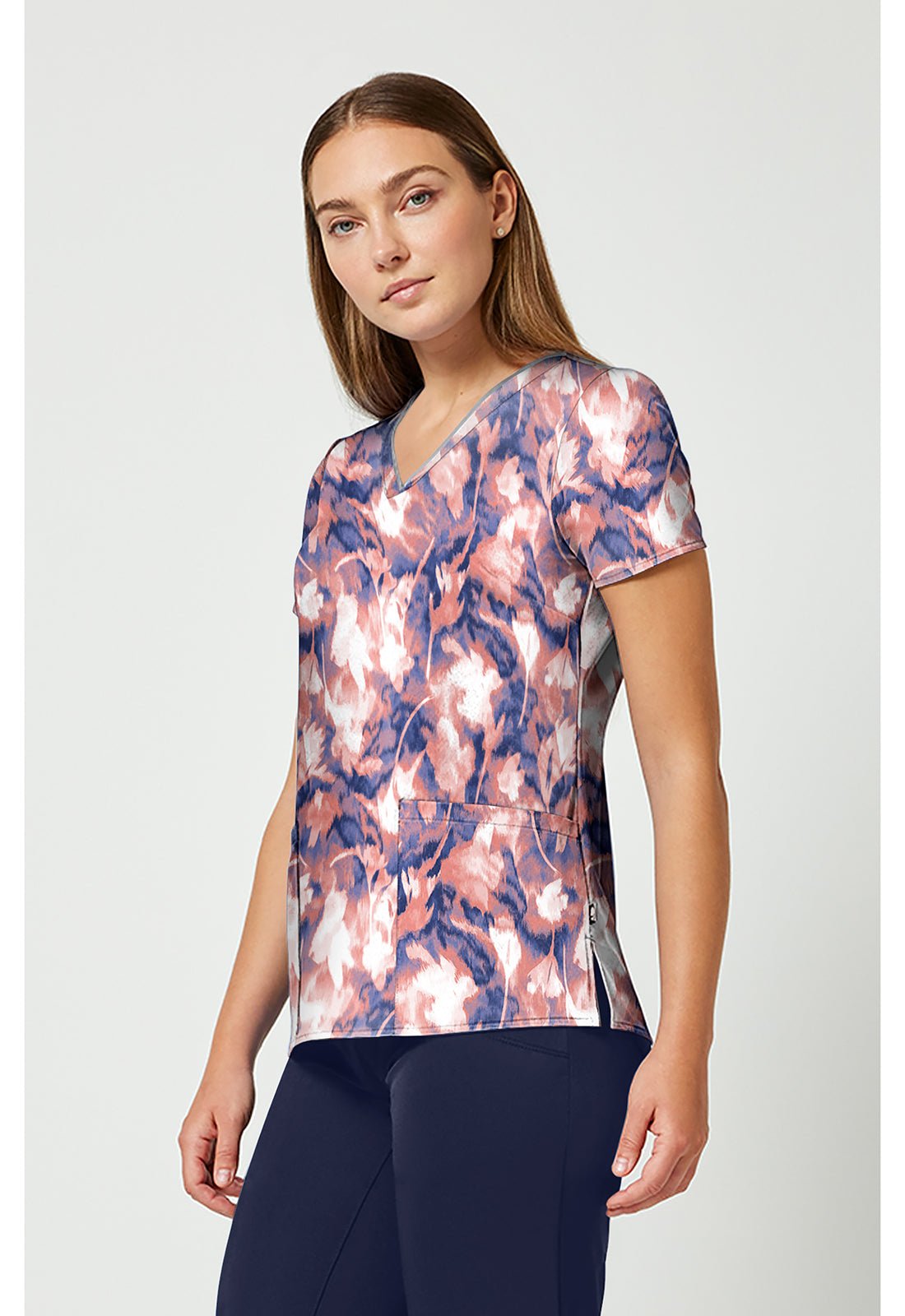Floral Blur Healing Hands Amanda Print Scrub V Neck Top HH910 FRBU - Scrubs Select