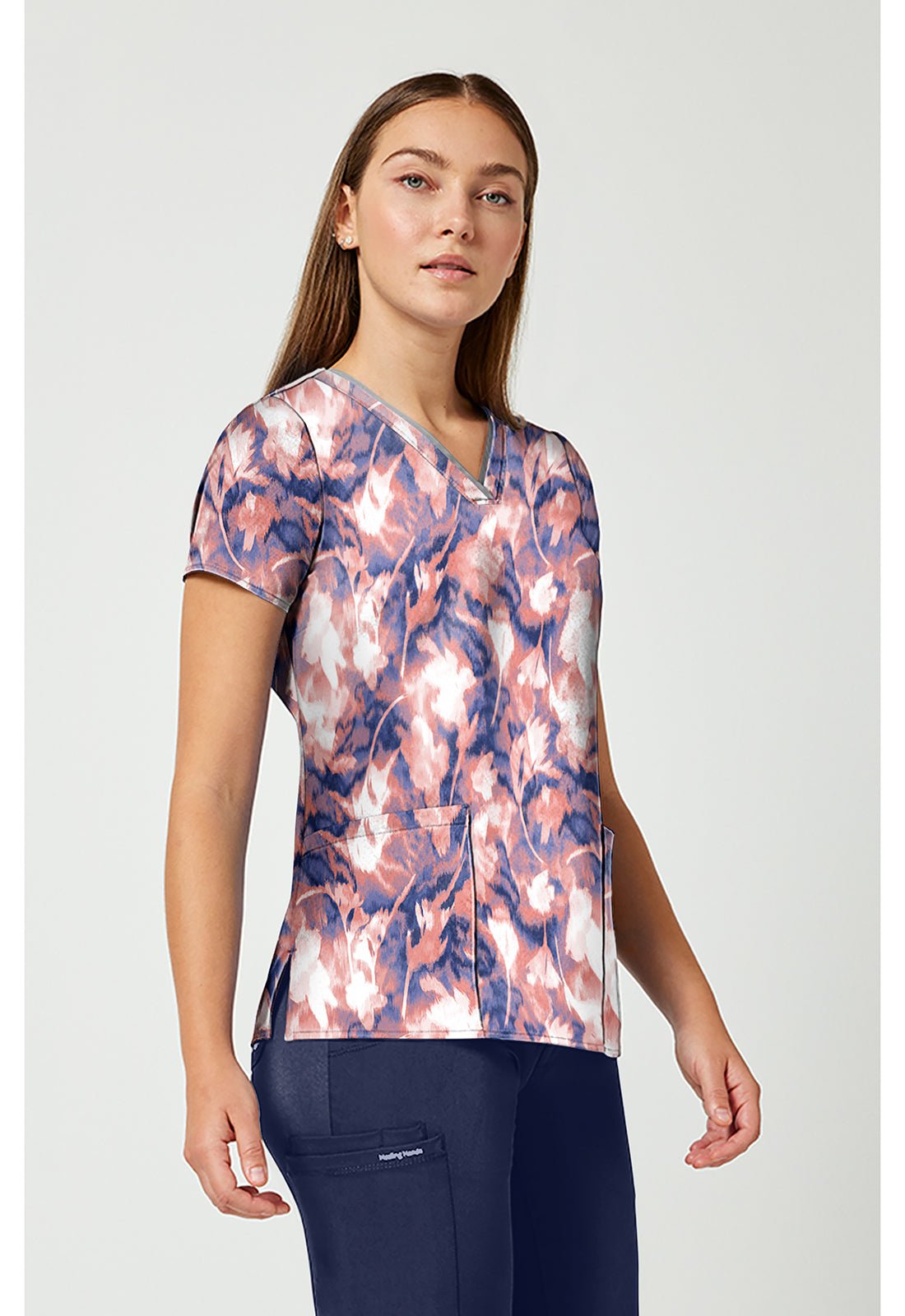 Floral Blur Healing Hands Amanda Print Scrub V Neck Top HH910 FRBU - Scrubs Select