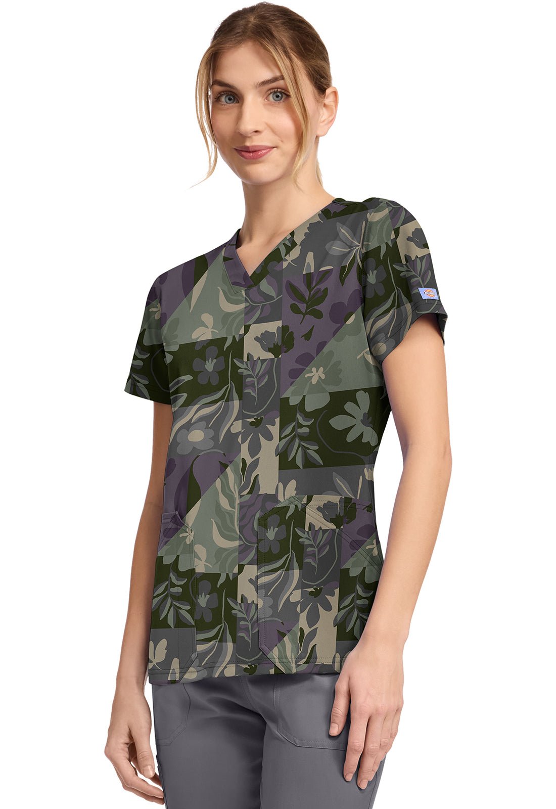 Floral Geo Dickies Print V Neck Scrub Top DK667 FOGE - Scrubs Select